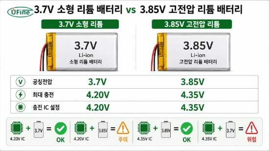 오토바이 블랙박스와 GPS용 3.7V 배터리와 3.85V 배터리 비교