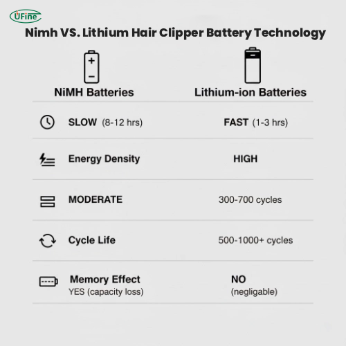 Comparison of NiMH and lithium batteries for hair clippers in charging time, energy density, and cycle life