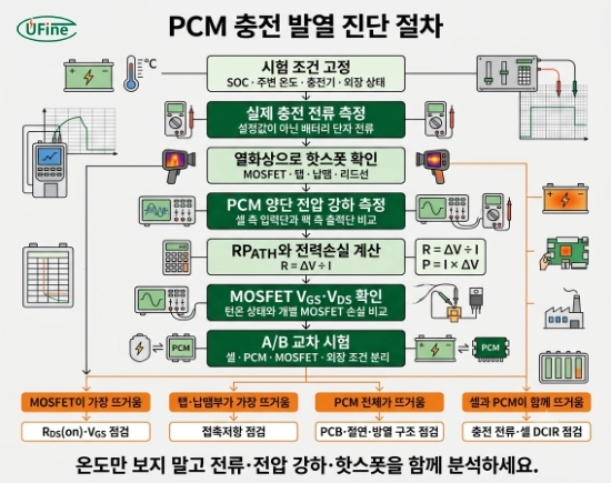 PCM 보호회로의 충전 전류 전압 강하 MOSFET과 핫스폿을 확인하는 발열 진단 절차
