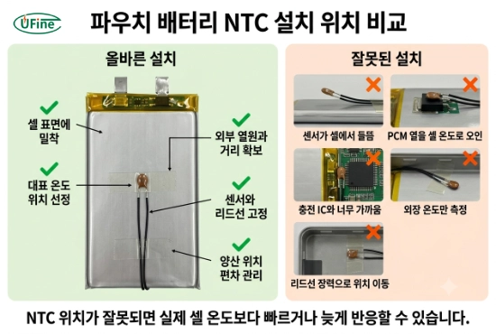 파우치형 리튬폴리머 배터리에서 NTC의 올바른 설치 위치와 잘못된 위치 비교