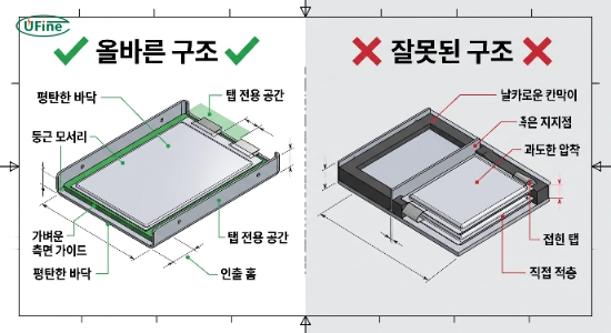 파우치 배터리 평면 지지와 탭 보호 트레이 구조