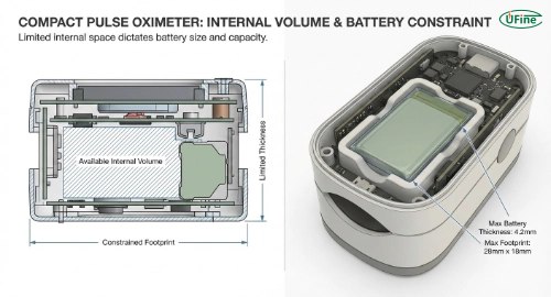 Comparison of pulse oximeter battery size and internal space constraints in compact devices