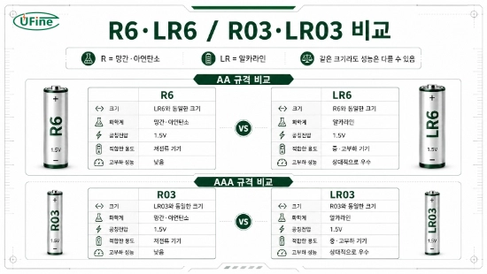 R6와 LR6, R03와 LR03의 크기, 화학계, 용도 차이를 비교한 기술 표
