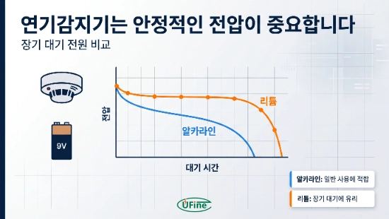 연기감지기 9V 배터리 전압 안정성 알카라인 리튬 비교