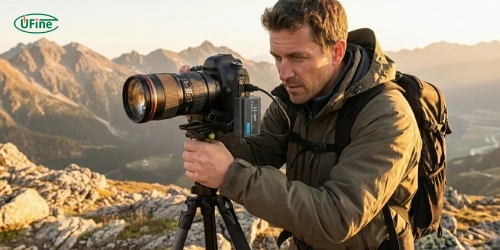 Ufine lithium camera battery powering DSLR and mirrorless cameras in outdoor photography