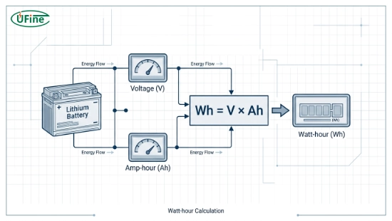 Battery watt-hour calculation diagram showing voltage multiplied by amp-hours to produce energy capacity